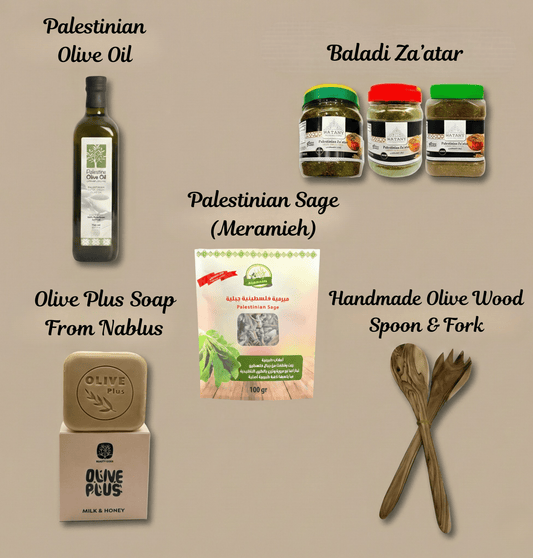 Collection of Palestinian olive oil, soap, and wooden utensils on a beige background