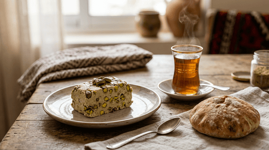 Palestinian pantry staples: olive oil, za'atar, sumac, and tahini