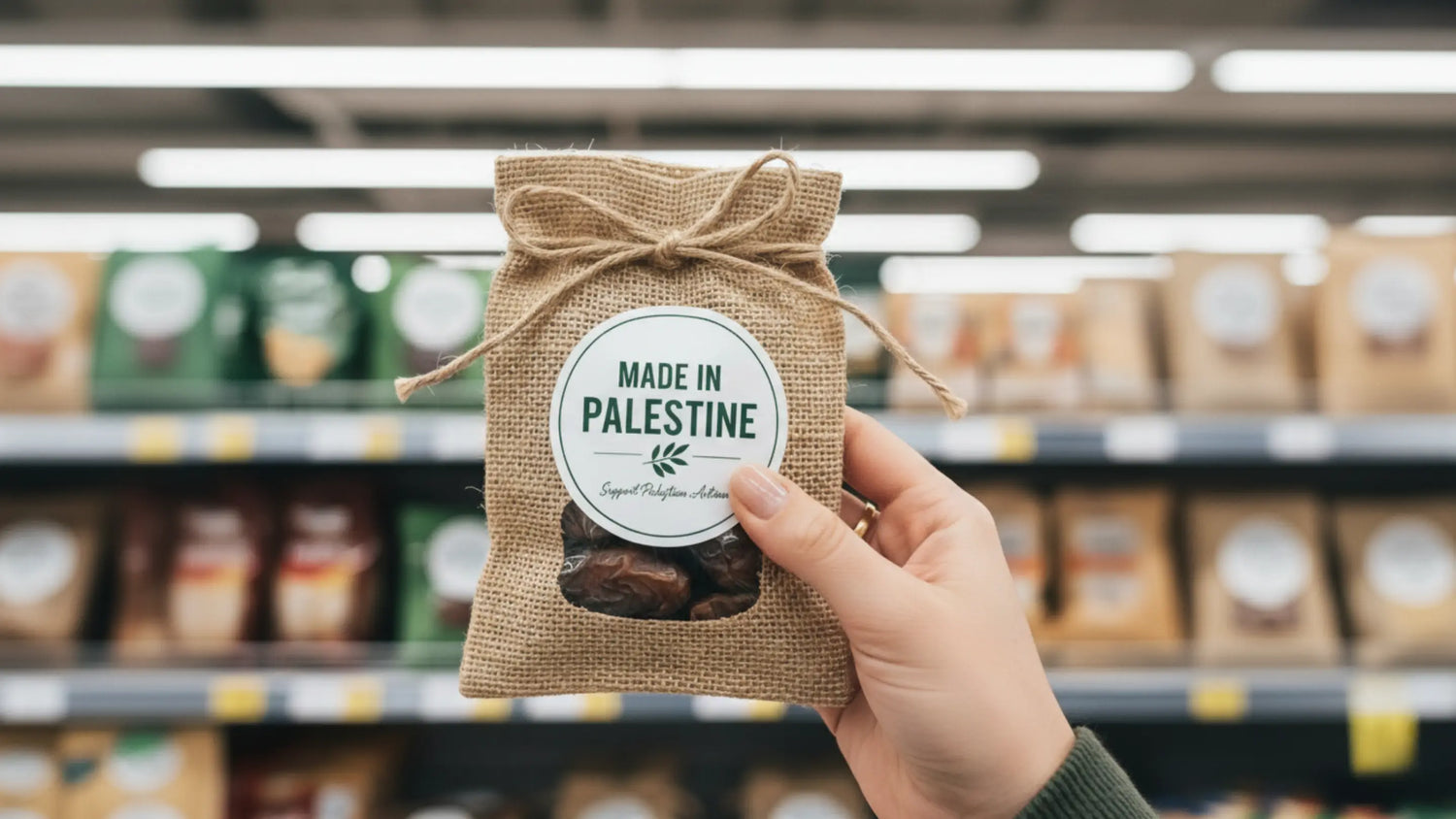 Hand holding burlap package with Made in Palestine certification label showing authentic Palestinian product in grocery store setting emphasizing origin verification for ethical purchasing