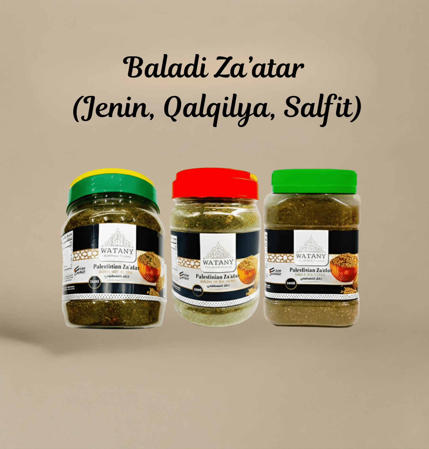 Three jars of Baladi Za'atar with colorful lids on a beige background