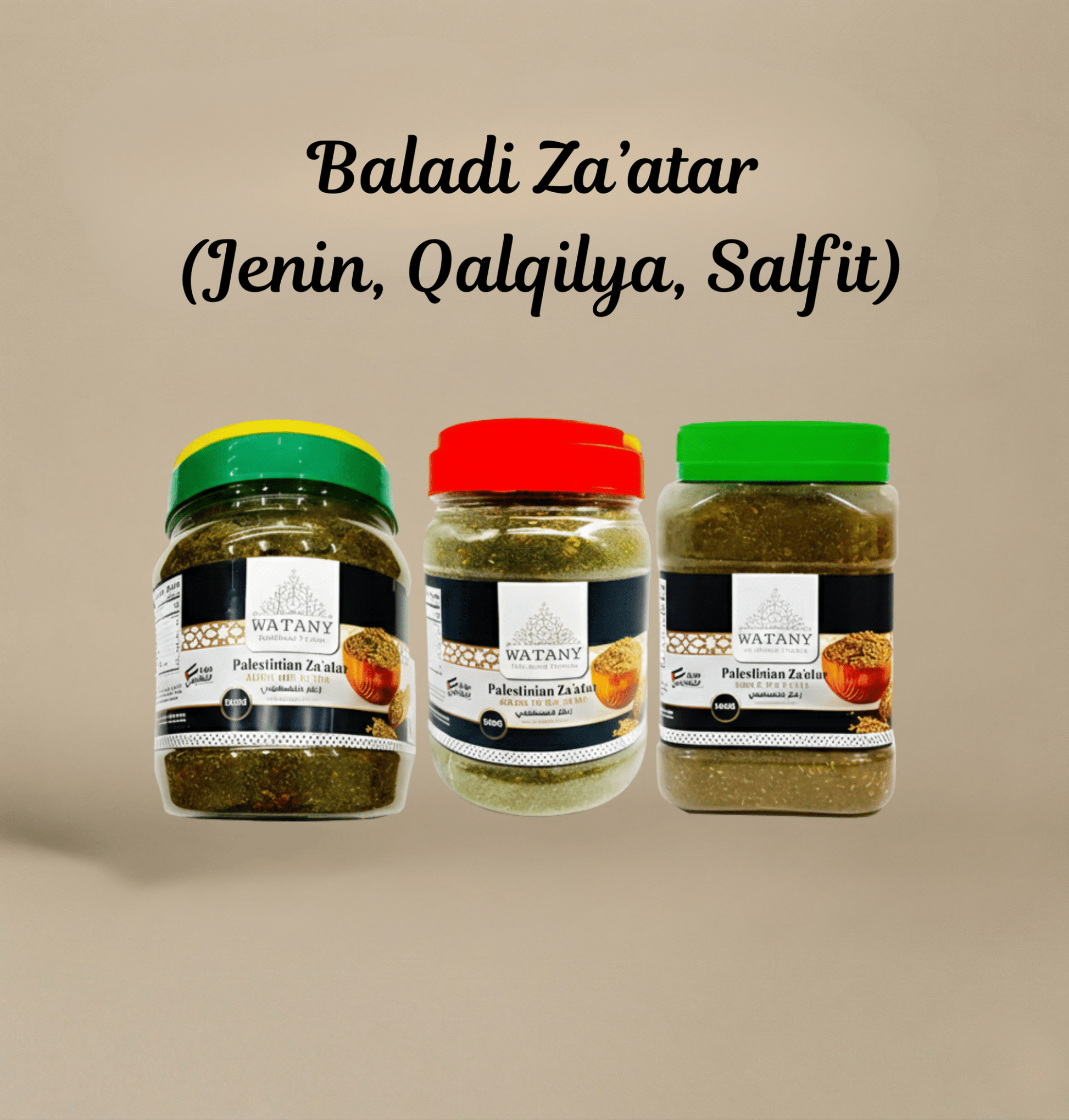 Three jars of Baladi Za'atar with colorful lids on a beige background