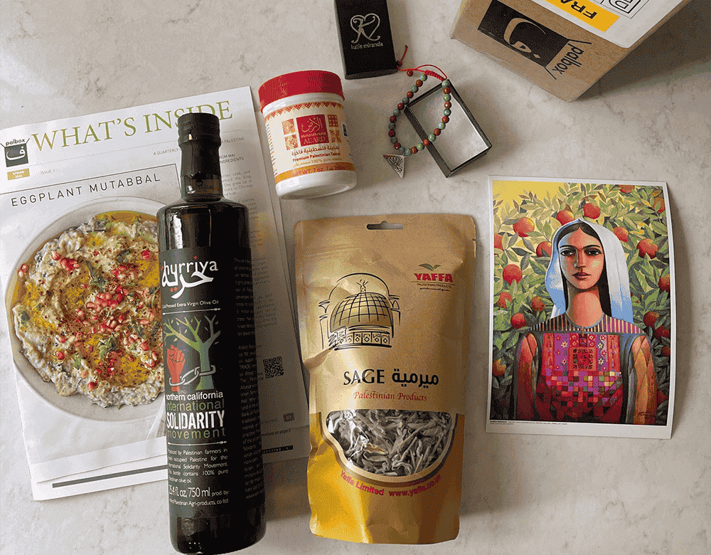 Contents of The Palestinian Subscription Box (Palbox) Carefully and Stylishly Laid Out to Demonstrate Each Product's Quality and Authenticiy