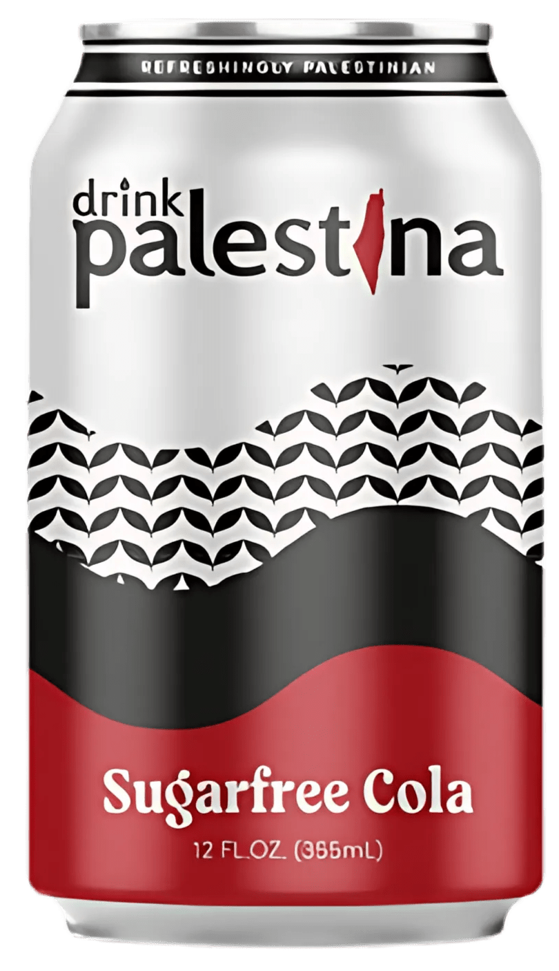 Palestina Cola sugar-free can design featuring Palestinian flag colors and wave patterns representing Mediterranean heritage