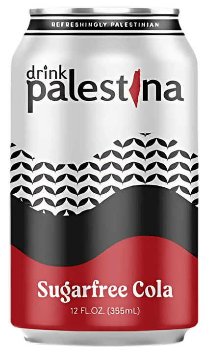 Palestina Cola sugar-free can design featuring Palestinian flag colors and wave patterns representing Mediterranean heritage