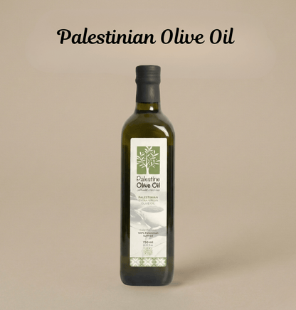 Bottle of Palestinian Olive Oil on a beige background