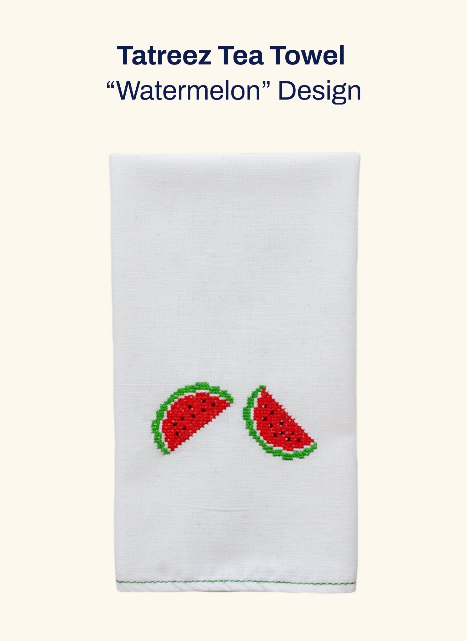 Tatreez Tea Towel with Watermelon design, hand-embroidered by Darzah artisans in the West Bank.
