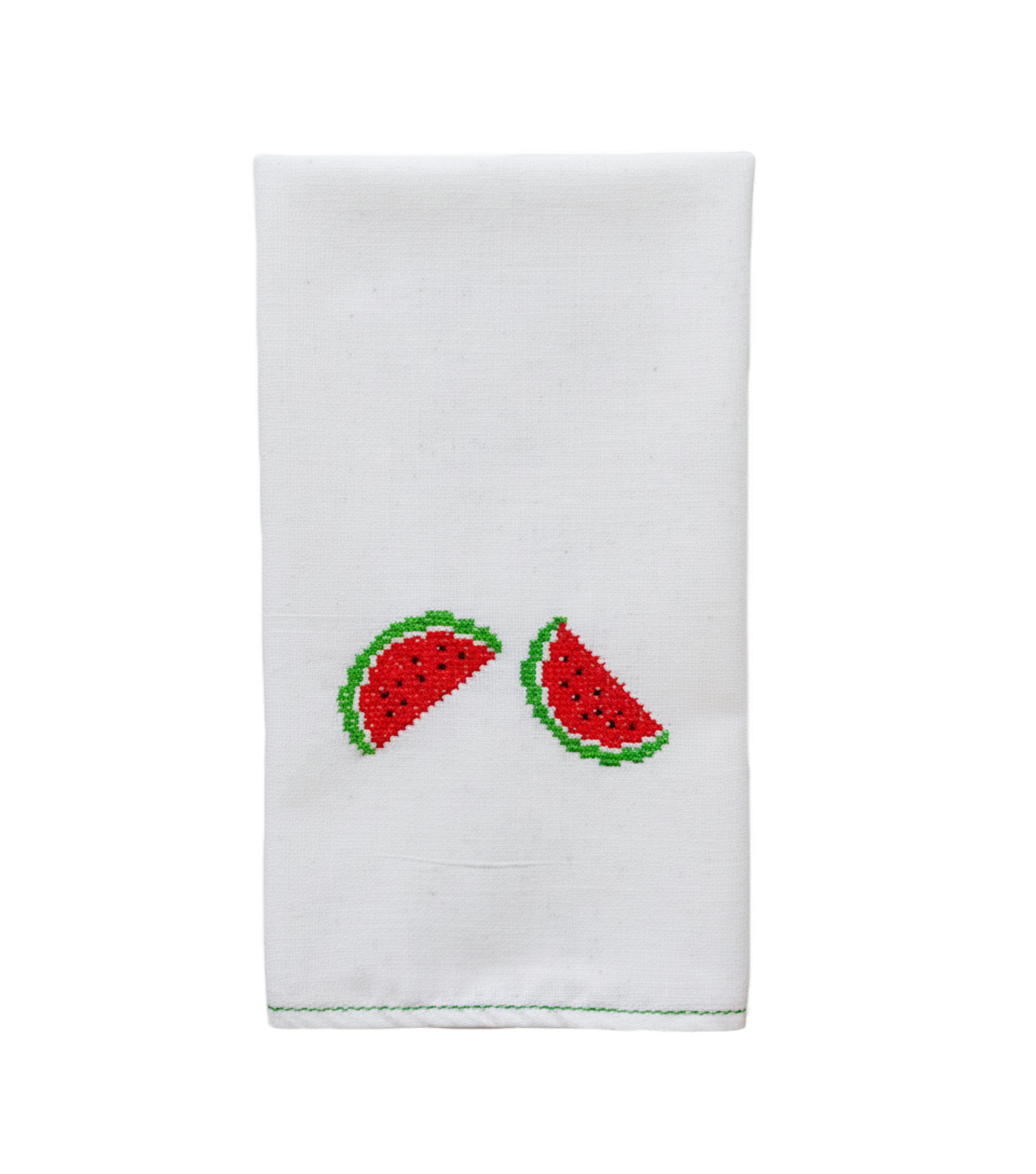 Tatreez Tea Towel with Watermelon design, hand-embroidered by Darzah artisans in the West Bank.